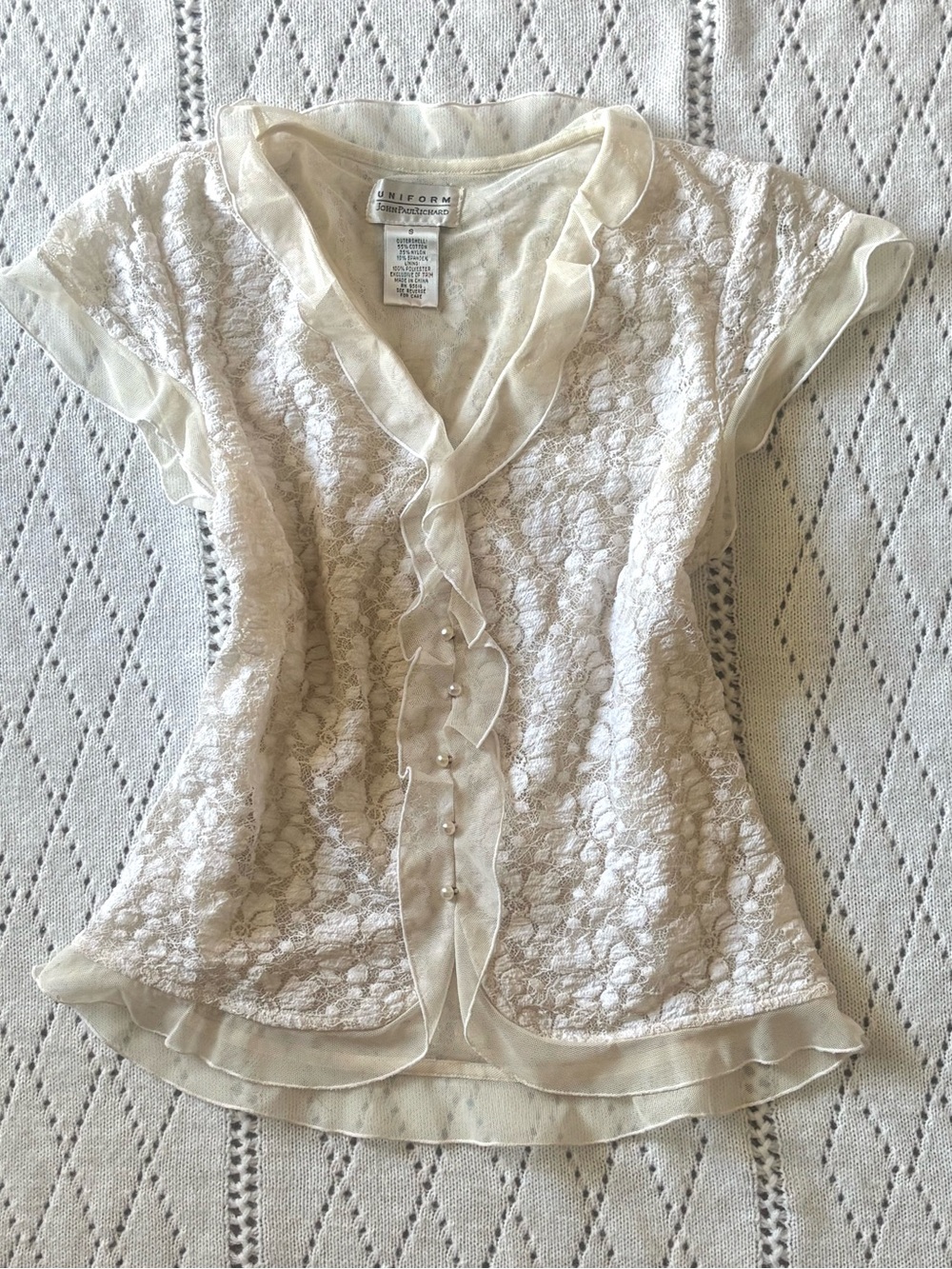 Vintage John Paul Richard Cream Lace Ruffle Short Sleeve Blouse